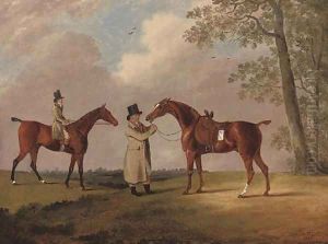 Two gentlemen with their hunters, in an extensive landscape by Edwin Cooper