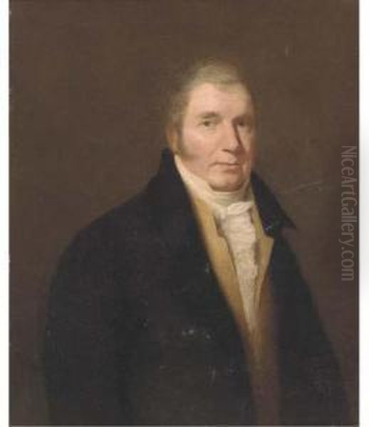 Portrait Of A Gentleman,
Half-length, Wearing A Black Coat, Yellowwaistcoat And White Collar - view 1