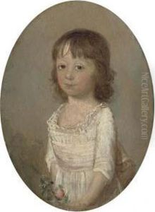 Portrait Of Mary Seppings, Small
 Three-quarter Length, In A Whitedress And Pink Waist-band, Holding Some
 Pink Flowers by Thomas Hickey