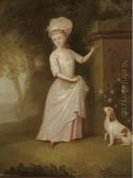 Portrait Of A Young Girl,
Full-length, In A Pink Dress, In Agarden, A Spaniel By Her Side - view 1