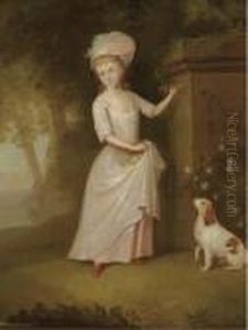 Portrait Of A Young Girl,
Full-length, In A Pink Dress, In Agarden, A Spaniel By Her Side by Thomas Hickey