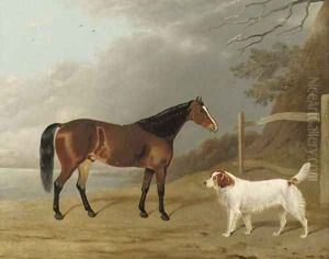 A Bay hunter with a dog by a fence by Edwin Cooper