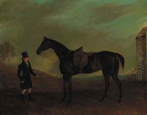 A side-saddled bay hunter with a groom in a landscape - view 1