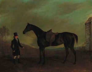 A side-saddled bay hunter with a groom in a landscape by Edwin Cooper