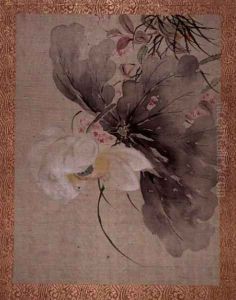 Peony Tree and Japanese Crab Apple Tree with blossom, from an album of twelve studies of Flowers, Birds and Fish by Tsubaki Chinzan