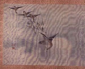 Flying Ducks, from an album of twelve studies of flowers, birds and fish by Tsubaki Chinzan