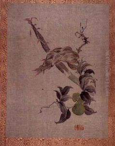 Apple and flowering plant, from an album of twelve studies of flowers, birds and fish by Tsubaki Chinzan