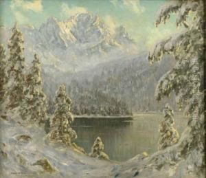 Winterlicher See Im Gebirge by Franz Hienl-Merre