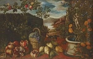 Pomegranates, Grapes In A Basket And Citrons In A Formal Garden With Fruit