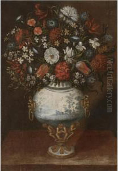 Still Life With Flowers In A 
Blue-and-white Porcelain-and-gilt Vase, With Morning-glory And Tulips - view 1