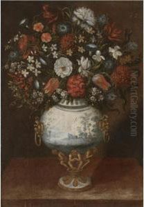 Still Life With Flowers In A
Blue-and-white Porcelain-and-gilt Vase, With Morning-glory And Tulips by Tomas Hiepes