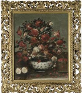 Still Life Of Flowers, Including
 Chrysanthemums And Parrot Tulips, In A Ceramic Bowl Beside A Basket Of 
Raspberries