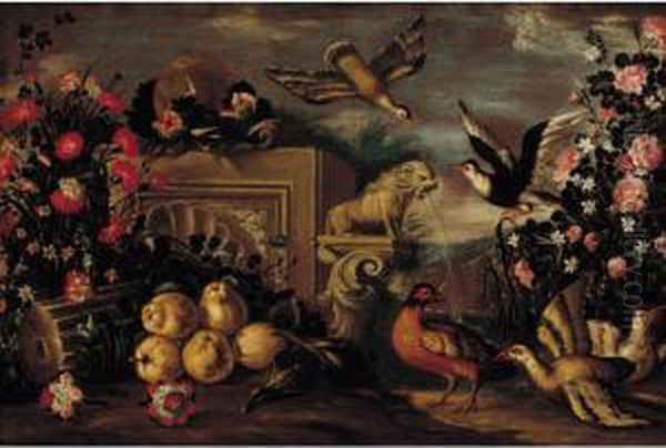 A Classical Garden Setting With
Exotic Birds, Roses, Carnations, Pears And Figs Among Architectural
Ruins - view 1