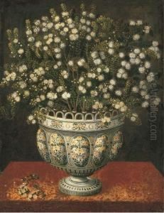 Myrtle In A Lobed-footed Polychrome Maiolica Manises Vase On Adraped Ledge by Tomas Hiepes