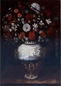 Still Life Of Flowers In A Blue And White Porcelain Vase by Tomas Hiepes