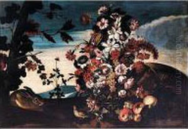 Still Life Of A Vase Of Mixed
Flowers And An Upturned Basket Of Fruit, Together With A Rabbit And A
Partridge, In An Open Landscape - view 1