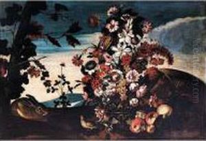 Still Life Of A Vase Of Mixed 
Flowers And An Upturned Basket Of Fruit, Together With A Rabbit And A 
Partridge, In An Open Landscape