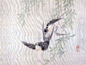 Swallows in flight, from an album of twelve studies of flowers, birds and fish by Tsubaki Chinzan