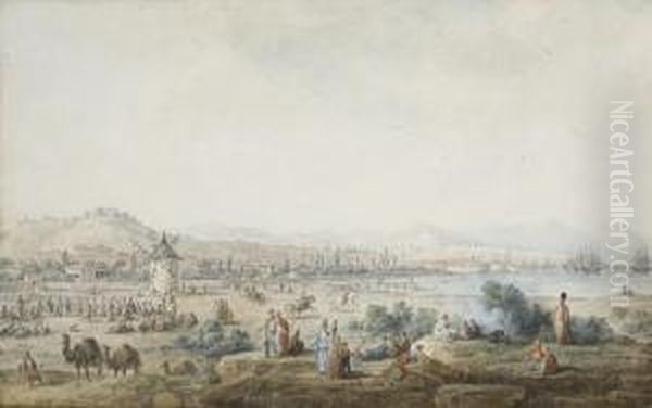 Vue De La Ville De Smyrne, Avec
Des Orientaux, Des Dromadaires Et Des Chevaux, Un Moulin Au Premier Plan - view 1