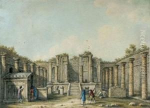 Paysage D'asie Mineure Avec 
Caravanes De Chameliers Et Personnages Turcs Devant Les Ruines Du Temple
 De Mars