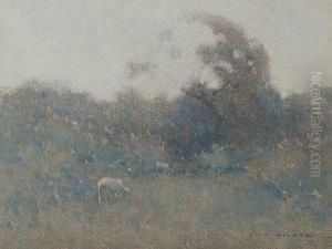 Sheep Grazing In Bushland by Jesse Jewhurst Hilder