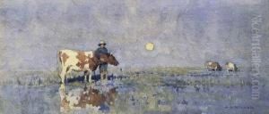 Boy With Calf In Meadow by Jesse Jewhurst Hilder
