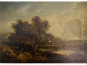 On The Medway: Country Landscape With Figures In A Punt, Cattlewatering