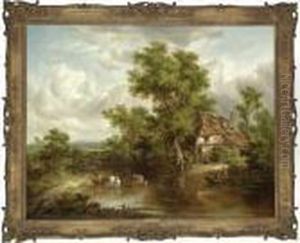 A Cottage With Figures And Livestock By A River, Surrey by Richard Hilder