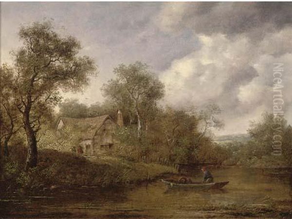 A Fisherman In A Rowing Boat On A River - view 1