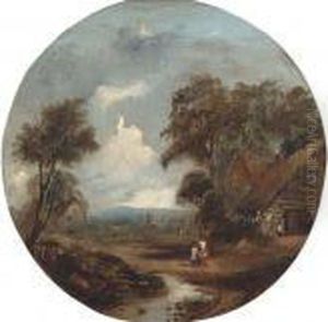 Figures Outside A Thatched Cottage by Richard Hilder