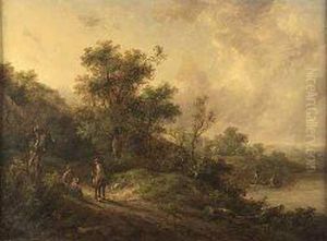 A Wooded River Landscape With Figures On A Country Path A Wooded River Landscape With Figures On A Country Path