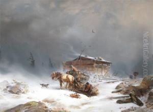 Rustics Gathering Firewood In A Blizzard