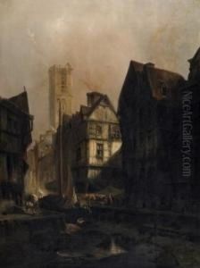 Fisherboats In Dry-dock In A
Breton Village. On The Docks The Hustle And Bustle Of The Market, In The
Background Half-timbered Houses. Signed And Dated Lower Left: C.
Hilgers 1859 by Carl Hilgers
