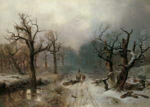 Holzfaller Im Winterwald Bei Sonnenuntergang.