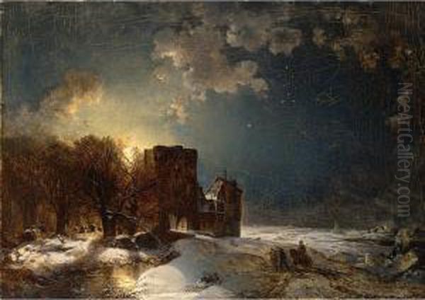 Soldiers Returning To Their Fort In A Moonlit Winter Landscape - view 1