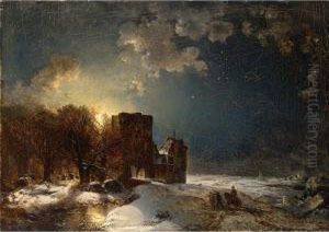 Soldiers Returning To Their Fort In A Moonlit Winter Landscape