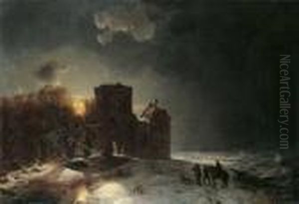 Abendliche Winterlandschaft Mit
Einem Kastell An Einem Zugefrorenen Fluss.
Signiert Und Datiert - view 1