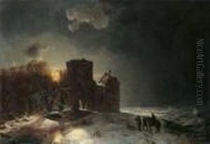 Abendliche Winterlandschaft Mit
Einem Kastell An Einem Zugefrorenen Fluss.
Signiert Und Datiert by Carl Hilgers