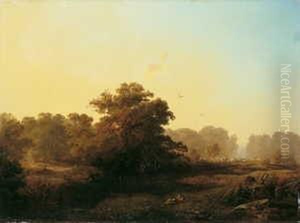 Abendliche Waldlandschaft Mit
Heimkehrendem Vieh. Verso Signiert Und Datiert: Chilgers 1854 Sowie Ein
Vom Kunstler Auf Dem Keilrahmen Angebrachter Klebezettel Mit Bildtitel
Und Verkaufspreis. Ol Auf Leinwand. H 38; B 51,5 Cm. - view 1