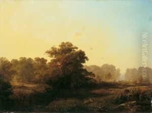Abendliche Waldlandschaft Mit 
Heimkehrendem Vieh. Verso Signiert Und Datiert: Chilgers 1854 Sowie Ein 
Vom Kunstler Auf Dem Keilrahmen Angebrachter Klebezettel Mit Bildtitel 
Und Verkaufspreis. Ol Auf Leinwand. H 38; B 51,5 Cm.