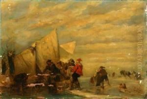 Fishermen Unloading Horsedrawn Carts On The Shore: