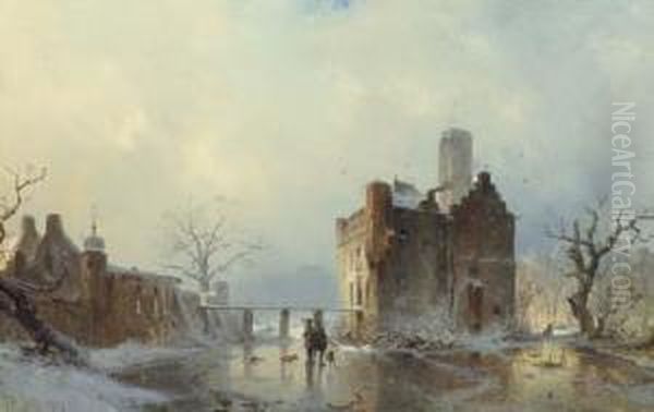 Hunters With Their Dogs On A Frozen Stream By A Castle - view 1