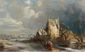 A Winter Landscape With Figures By A Manor