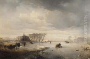 Skaters On A Frozen Lake, With A Manor Beyond by Carl Hilgers