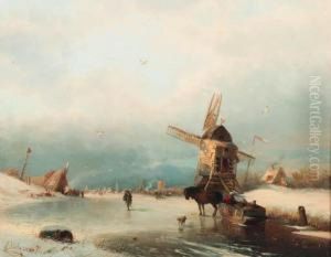A Winter Landscape With A Horse-drawn Sledge On A Frozen River By Awindmill