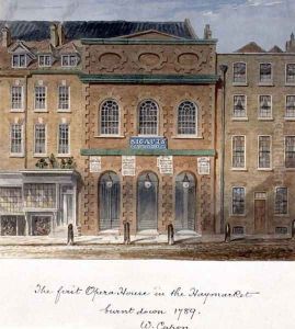 The first Opera House in the Haymarket, burnt down in 1789 by William Capon