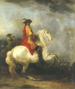 A cavalier in a yellow coat with a red cloak and plumed hat on a grey, a cavalry troop beyond by Francesco Giuseppe Casanova