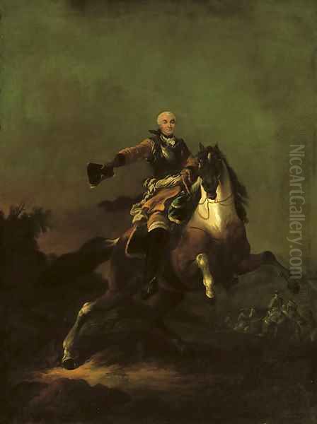 A soldier, said to be Hermann Moritz, Count of Saxony (1696-1750), in armour and ochre coat, on a rearing horse in a hilly landscape, cavalry beyond - view 1
