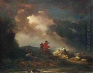 A stormy landscape with a horseman and a woman riding an ox, by a river