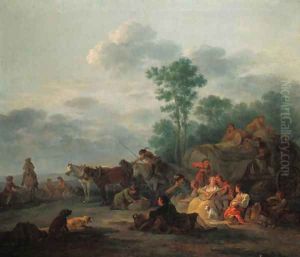 Travellers resting, with a couple making music in a landscape Travellers resting, with a couple making music in a landscape